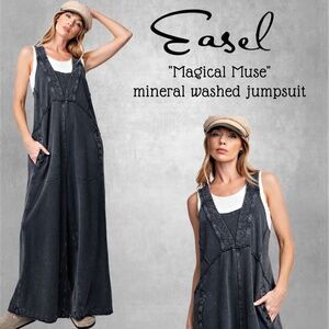 EASEL "Magical Muse" Mineral Washed Terry Knit Wide Leg Loose Fit Jumpsuit Black